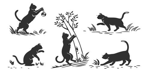 Naklejka premium Silhouetted cats engaging in various activities such as playing climbing and exploring in nature scene