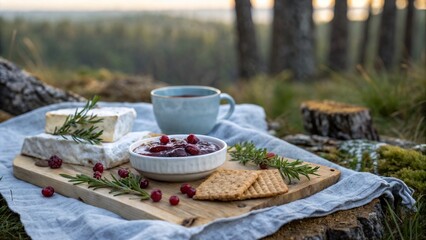 Forest picnic with crackers, cheese and lingonberry jam
