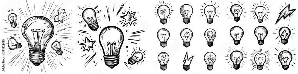 Poster creative illustrations of light bulbs depicting various ideas and concepts in a dynamic and engaging