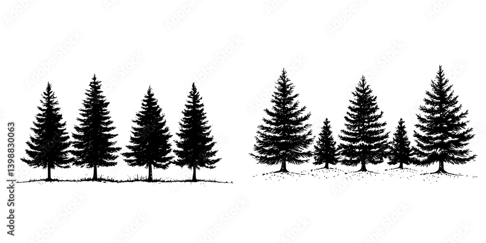 Poster collection of silhouettes depicting various conifer trees in a forest setting