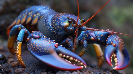 Electric blue lobster, a Decapoda arthropod, with red claws, crawls on a rock