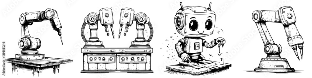 Poster robotic technology displayed through various machines and a friendly character in a creative setting