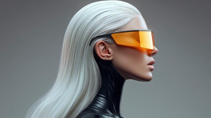 A stunning woman with futuristic orange glasses and elegant long, flowing white hair.