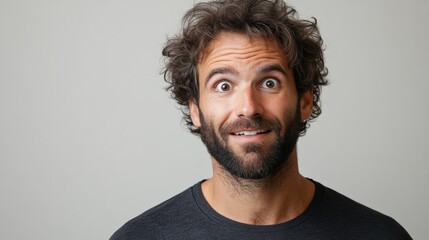 Obraz premium Surprised Young Man with Beard Smiling Joyfully Against Neutral Background