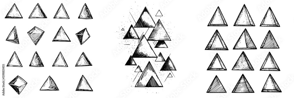 Poster geometric shapes in black and white illustrating various triangular designs and patterns