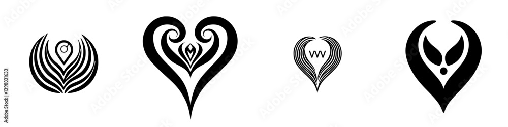 Poster exploring various abstract heart designs featuring intricate line patterns and flowing shapes