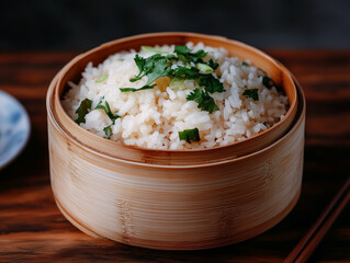 Sticky rice steaming in bamboo vessel, garnished with vibrant coriander and chives, highlighting traditional Asian culinary presentation