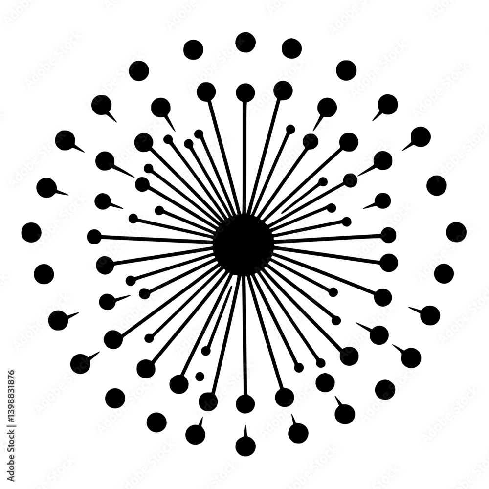 Poster abstract radial design featuring central black circle and symmetrical lines extending outward agains