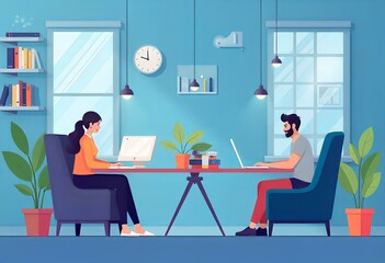 Flat style scene of a team working remotely, each in their own home space, connected by a digital network.
