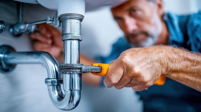 A skilled plumber uses a wrench to tighten a pipe under a bathroom sink with precision.