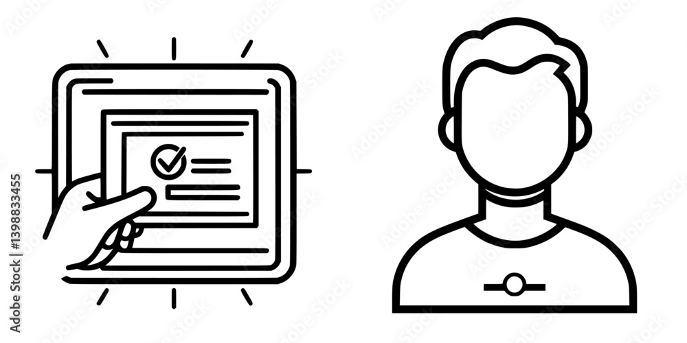 Poster hand holding a digital certificate while an outline of a person looks on in a modern design setting
