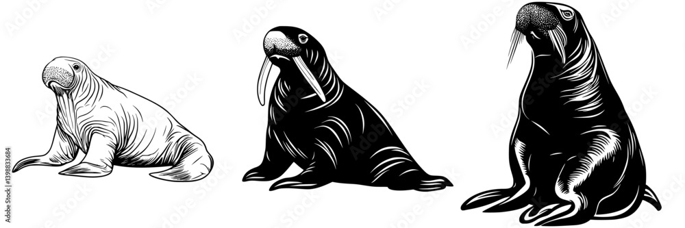 Poster three distinct walruses displayed in various poses highlighting their unique features and characteri