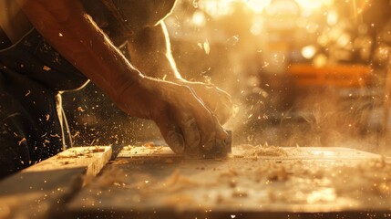 A man is sanding a piece of wood with a hand