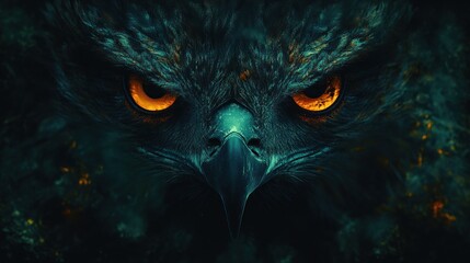 Close-up of a fierce bird of prey.  Dark, intense eyes stare directly at viewer.  Mystic, shadowy background