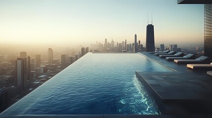 A luxurious rooftop pool atop a towering skyscraper, shimmering in the sunlight with crystal-clear water, surrounded by sleek lounge chairs and offering a breathtaking panoramic city view