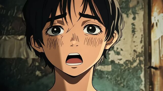 A Shocked Anime Boy in a Derelict Room
