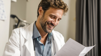 Fototapeta premium Smiling doctor reviews patient medical records in well-lit office, conveying trust and reliability in healthcare environment.