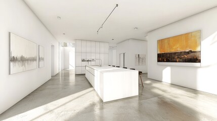 A modern kitchen with white walls, cabinets, and island.  The floor is concrete. There's room for art on the right wall.
