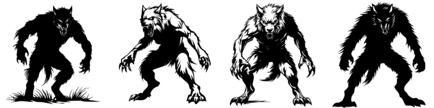 Creatures of the night display various werewolf transformations in a haunting silhouette style