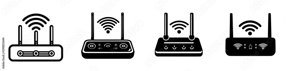Poster collection of various wireless routers showcasing different designs and features in a minimalist sty