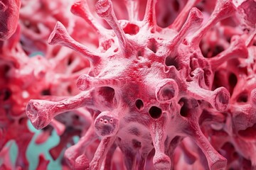 Highly detailed 3D rendering of a red virus particle structure with spikes and surface texture visible