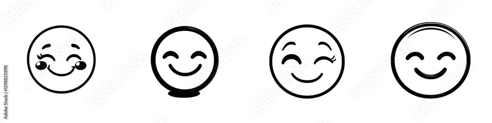 Poster different expressions of happiness represented through four unique smiley faces in a minimalistic st