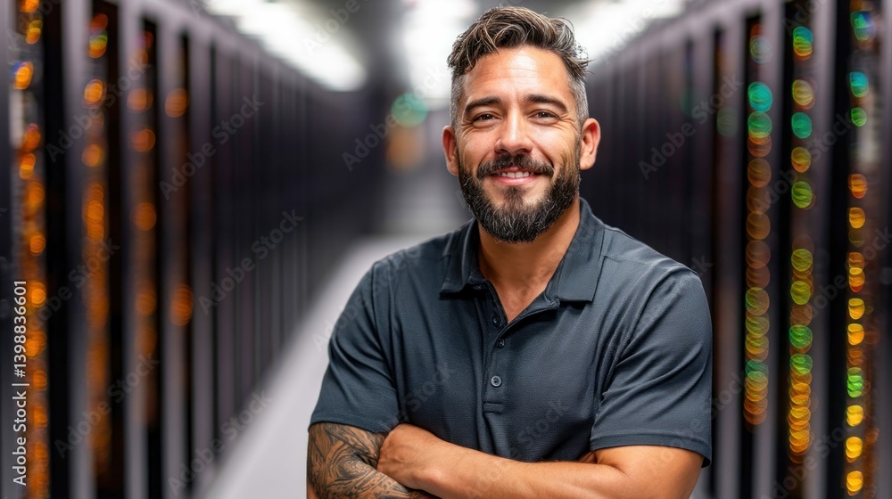 Poster a smiling data center technician stands proudly in front of server racks in a modern environment.