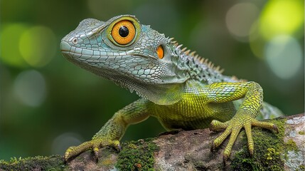 Obraz premium Close-up of a small lizard, vibrant green and light blue scales, large orange eyes, perched on a mossy tree branch in a lush, out-of-focus forest backdrop