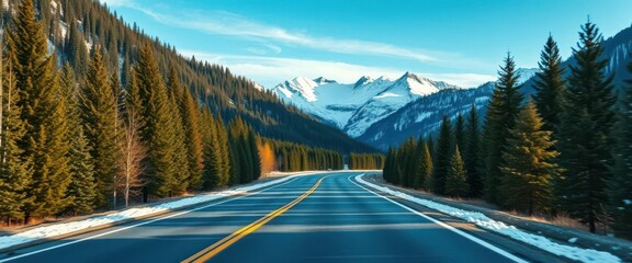 Winding road disappears into snowy mountains through a tunnel of trees, picturesque, alps, tunnel