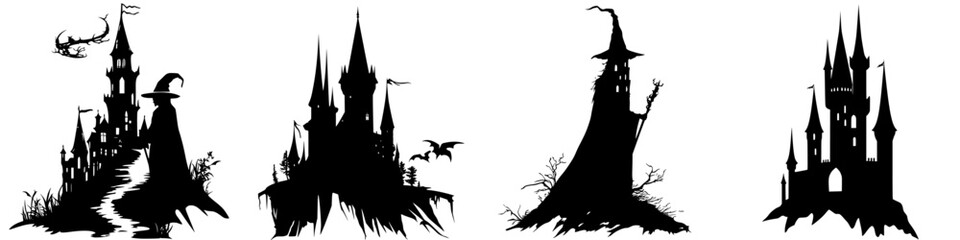 Silhouettes of enchanting castles and towers at dusk, showcasing mystical architecture in a fantasy landscape