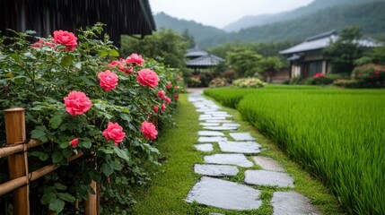 Obraz premium Picturesque garden stone path green rice fields pink roses bamboo fence traditional architecture