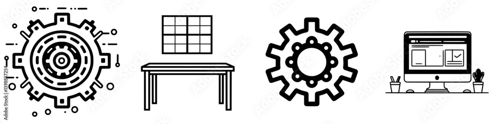 Poster graphic representations of mechanical gears, a table, and a computer screen with an interface showca