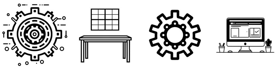 Obraz premium Graphic representations of mechanical gears, a table, and a computer screen with an interface showcasing a project management tool