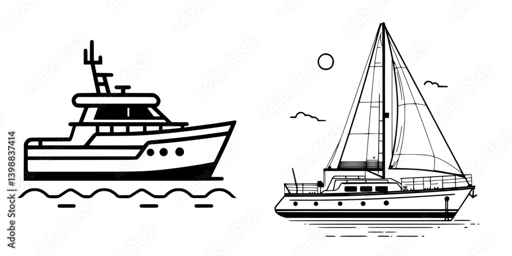Poster various types of boats depicted in a minimalist style with clean lines and simple design features