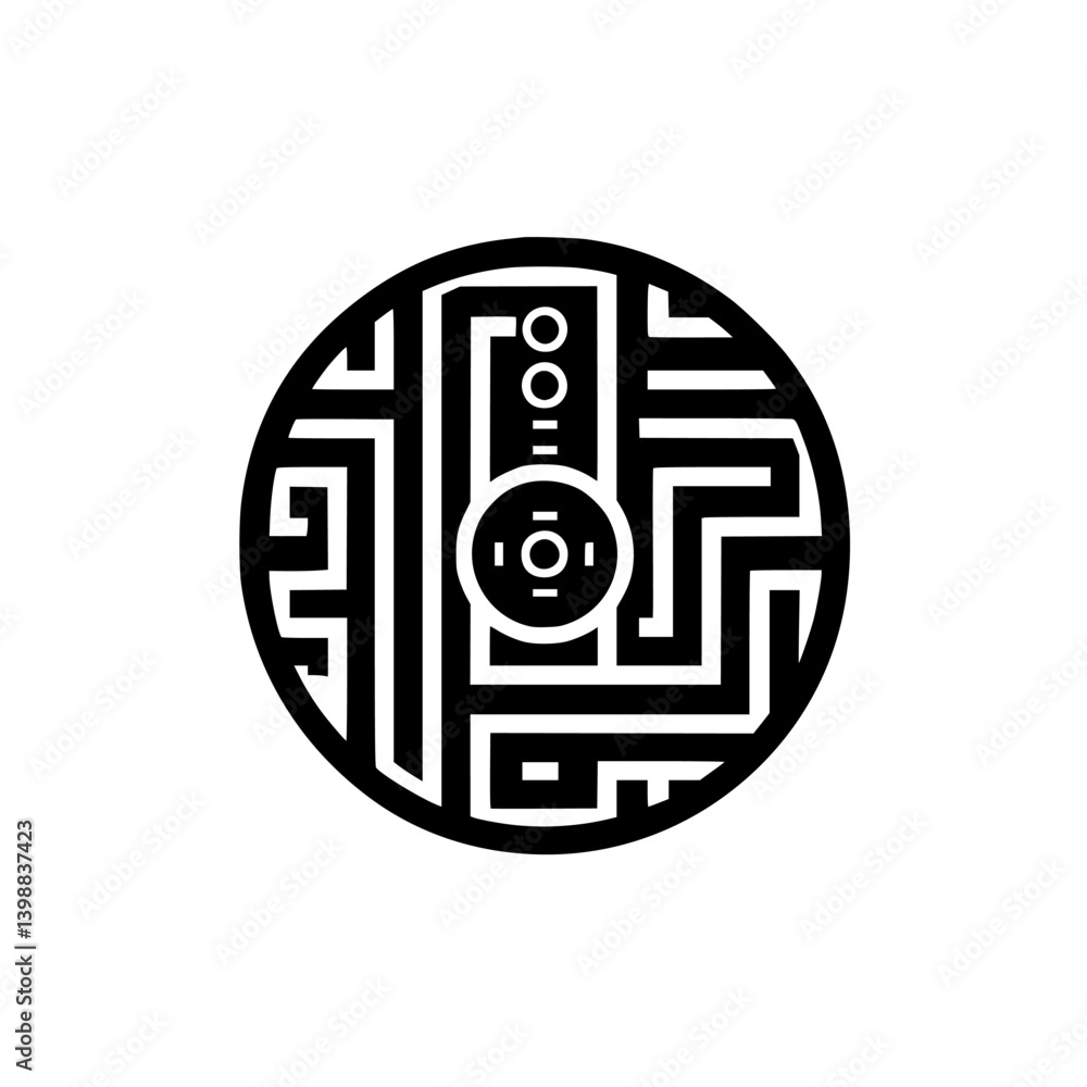 Poster intricate black and white abstract design featuring a maze-like pattern with circular elements and g