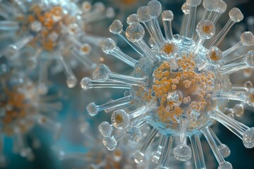 Closeup of translucent virus cell with yellow core details, floating in soft focus blue background.