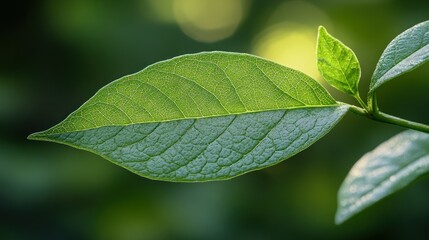 Close-up of a vibrant green leaf, showcasing intricate vein patterns, bathed in soft sunlight