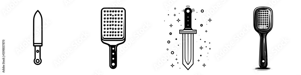 Poster various kitchen utensils including knives and graters displayed in a minimalistic style with bold ou