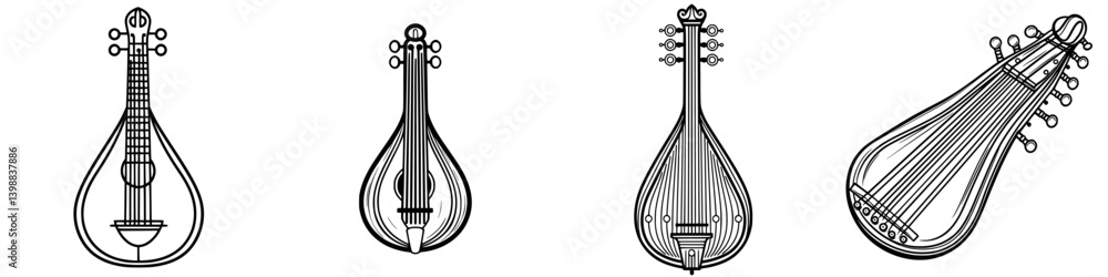Poster different types of string instruments showcasing their unique designs and shapes in detailed line ar