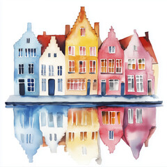 Fototapeta premium Watercolor of Brugge's colorful houses mirrored in the canal. White background, postcard style