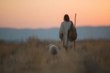Jesus Christ the Shepherd, Lamb, and Sunset Landscape, leading the way
