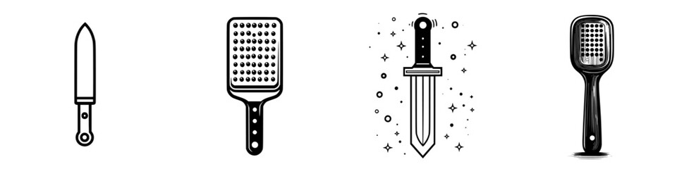 Various kitchen utensils including knives and graters displayed in a minimalistic style with bold outlines and a simple background