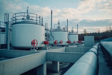 Obraz premium Large white storage tanks are lined up at an industrial site, surrounded by pipelines and valves. The cloudy sky adds a dramatic touch to the environment during the day