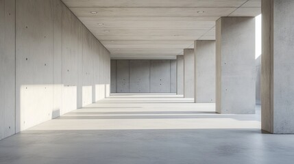 A simple, modern 3D image of a concrete building.  It has an empty cement floor and is perfect for showing off a car.
