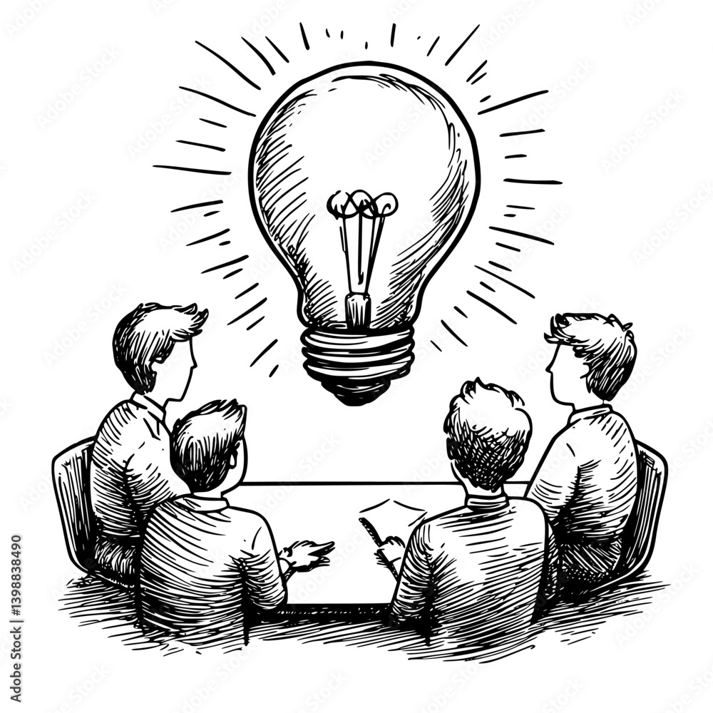 Poster four individuals collaborate in a brainstorming session with a light bulb symbolizing innovation abo