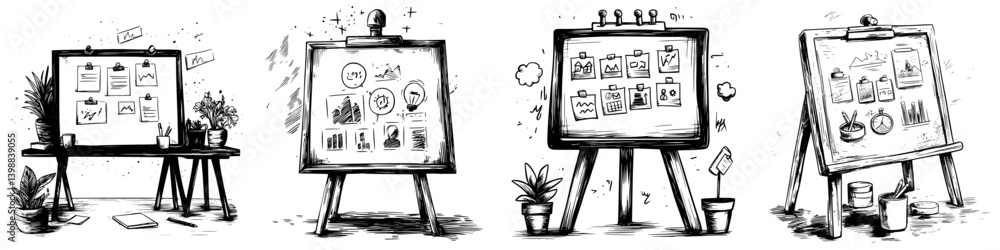 Poster creative brainstorming session with multiple presentation boards in a modern workspace setting