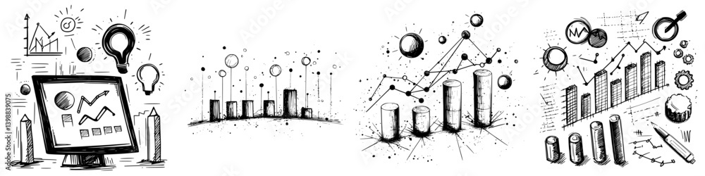 Poster business analysis concepts illustrated with sketches showcasing data trends and metrics in a creativ