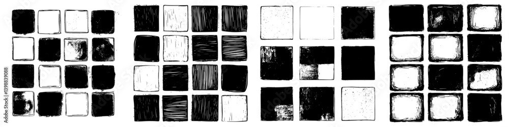 Poster abstract black and white patterns created with textured squares arranged in a grid layout