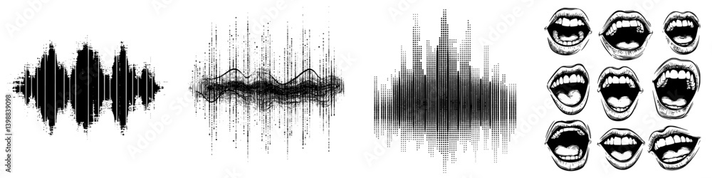 Poster sound wave patterns illustrated through varying designs showcasing different frequencies and amplitu