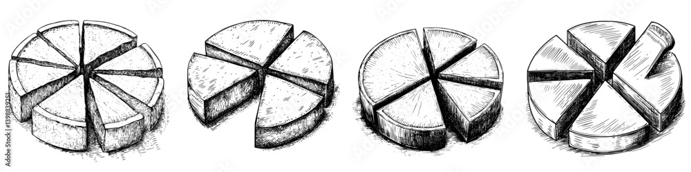 Poster different stages of pie chart data representation using sketches in black and white on a plain backg
